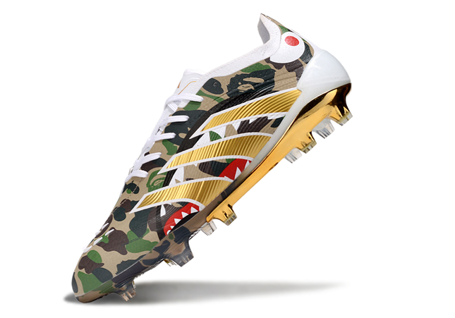 Adidas Predator Elite FG x BAPE Lace heel detail – featuring BAPE ape head logo and Adidas three-stripes branding in an exclusive collaboration.