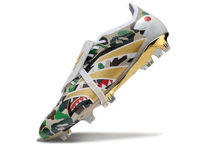 Close-up of Adidas Predator x BAPE soccer cleats featuring BAPE camo pattern and three stripes logo
