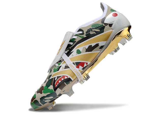 Close-up of Adidas Predator x BAPE soccer cleats featuring BAPE camo pattern and three stripes logo