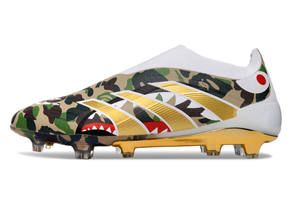 Adidas Predator Elite FG Laceless x BAPE football boots side view – exclusive firm ground cleats with laceless design and BAPE camouflage upper.
