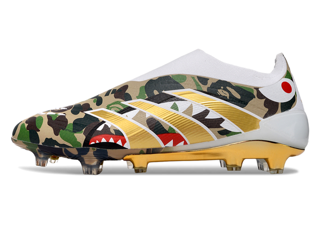 Adidas Predator Elite FG Laceless x BAPE football boots side view – exclusive firm ground cleats with laceless design and BAPE camouflage upper.