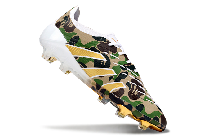 Top view of Adidas Predator Elite FG x BAPE Lace – traditional laces for a secure fit and precision control, paired with premium camouflage design.