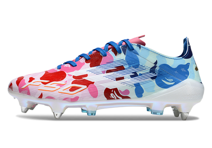 Adidas F50 Elite SG x BAPE Lace football boots side view – special edition soft ground soccer cleats in BAPE camo, designed for ultimate grip in wet conditions.