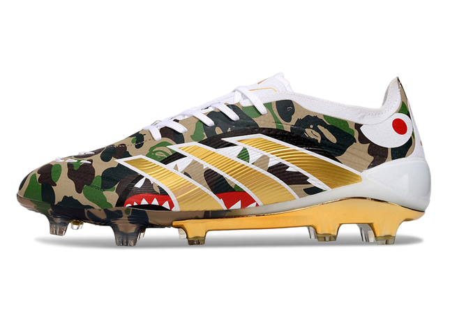 Adidas Predator Elite FG x BAPE Lace football boots side view – limited-edition firm ground cleats with classic laced construction and BAPE camo upper.
