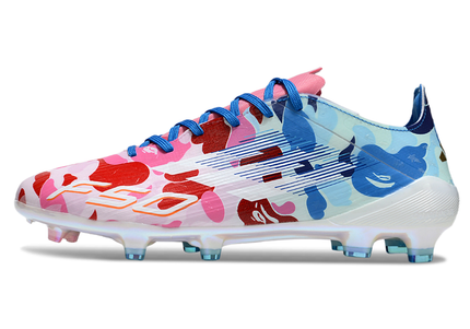 Adidas F50 Elite FG x BAPE Lace football boots side view – limited edition camo soccer cleats with traditional laces for a secure fit.