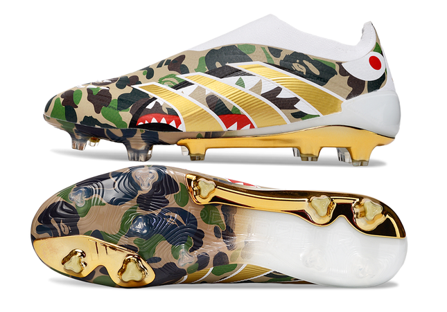 Close-up of Adidas Predator Elite FG Laceless x BAPE upper – showcasing grip elements, camo detailing, and premium Predator craftsmanship.