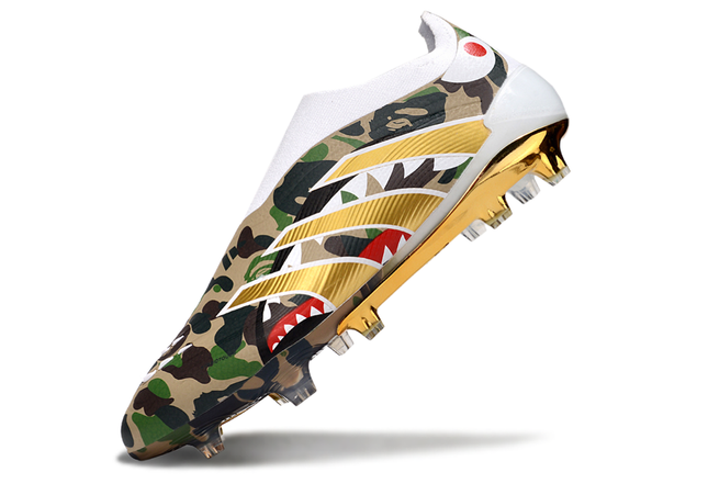 Adidas Predator Elite FG Laceless x BAPE heel detail – featuring BAPE’s ape head logo and Adidas branding in a limited-edition collaboration.