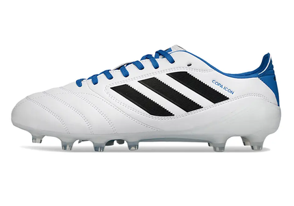 Adidas Copa Icon II Elite FG white leather football boot with black three stripes and blue laces.