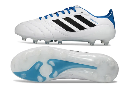 Adidas Copa Icon II Elite FG white leather boot with blue laces, black stripes, and quilted forefoot.