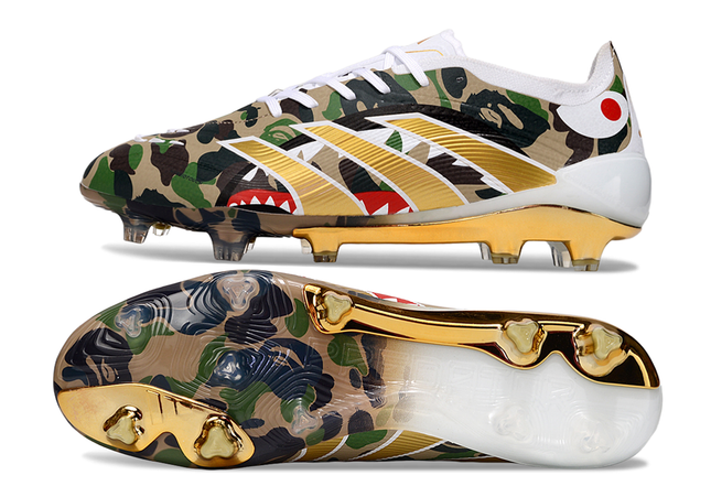 Close-up of Adidas Predator Elite FG x BAPE Lace upper and laces – showcasing grip elements, stitching details, and elite-level performance features.